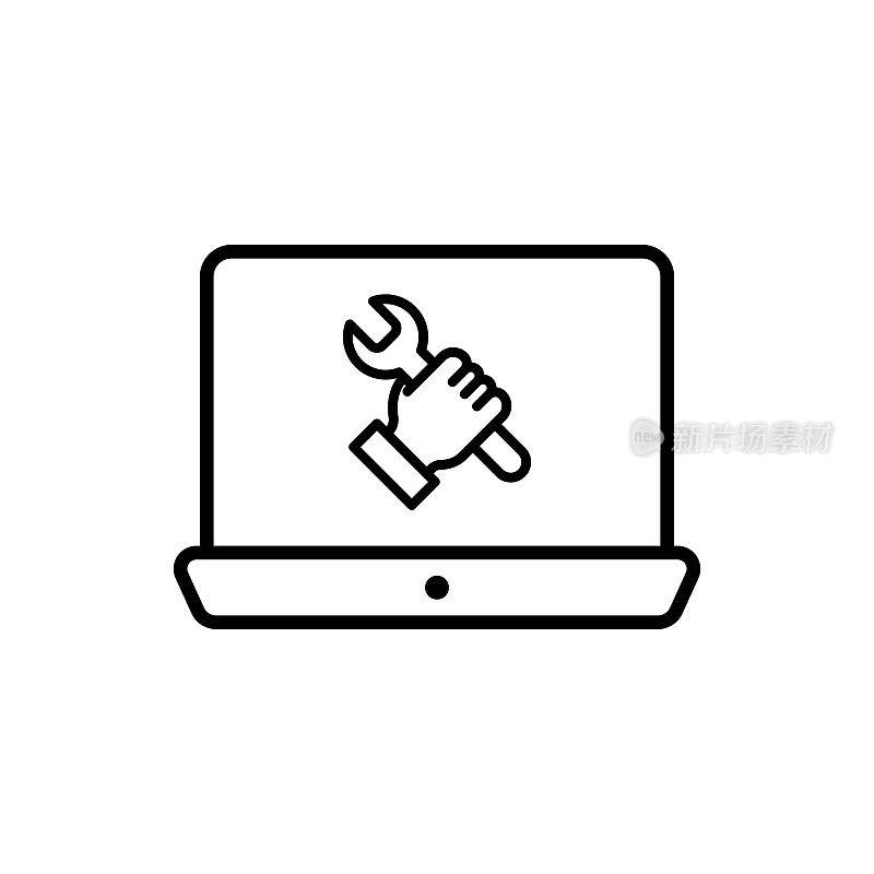 屏幕上有维修标志的笔记本电脑。笔记本维修服务标志。电脑维修服务、维护、技术支持。大纲标志:插图，信息图表，标志，网页，开发，ui。向量EPS 10